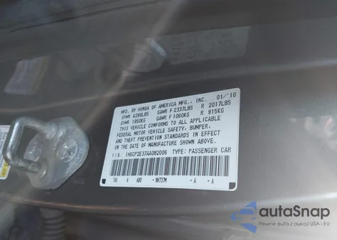 2010 Honda Accord 2.4 Lx z USA, uszkodzony, nr VIN 1HGCP2E37AA082006